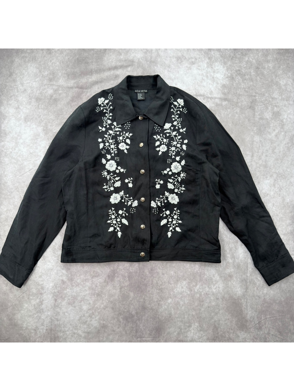 Vintage 90s ‘Via Seta’ Silk Linen Floral Embroidered Button Up Jacket Large